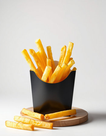 French fries in a black box on a white background, side view