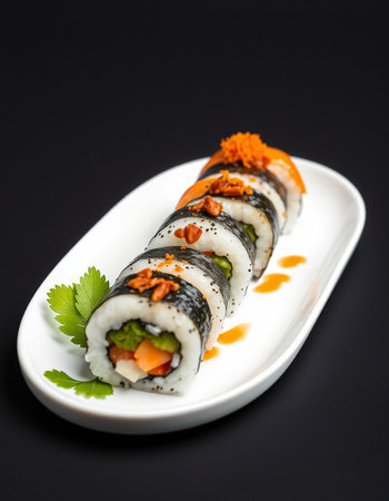 Sushi rolls on a white plate, isolated on black background.の写真素材