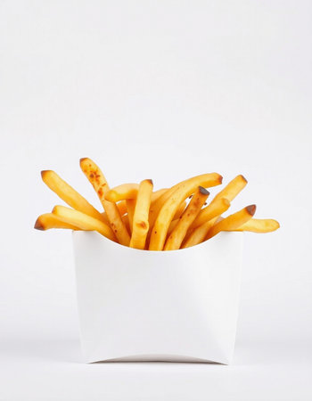French fries in a white paper box on a white background, isolated