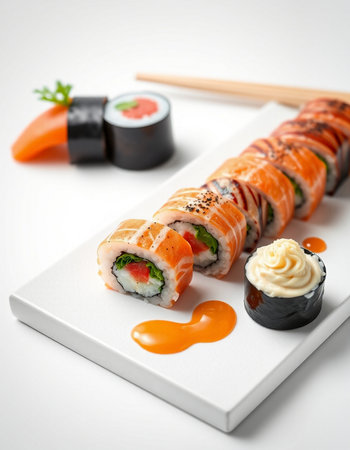 Japanese Cuisine - Sushi Roll with Salmon, Cream Cheese and Raw Salmon inside. Nori outsideの写真素材