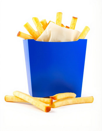 French fries in a blue box on a white background. Fast food.