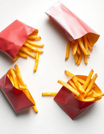 French fries in paper bags on a white background, top view.