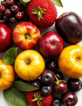 Fruits and berries on a white background. View from above.