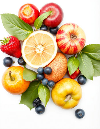 Fruits and berries with leaves isolated on white background, top viewの写真素材