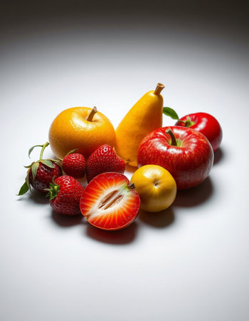 Fruits on a white background. Ripe strawberries, oranges, apples and pears.の写真素材