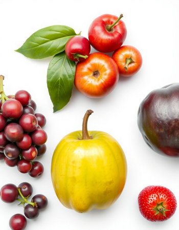 Fruits and vegetables isolated on a white background. Top view.