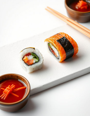 Sushi rolls on a white plate with chopsticks and soy sauce