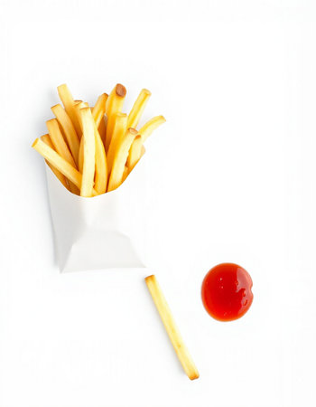 French fries with ketchup isolated on white background, top view.の写真素材