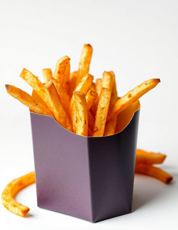 French fries in a purple box on a white background close-upの写真素材