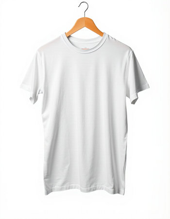 White t-shirt on a hanger on a white background.