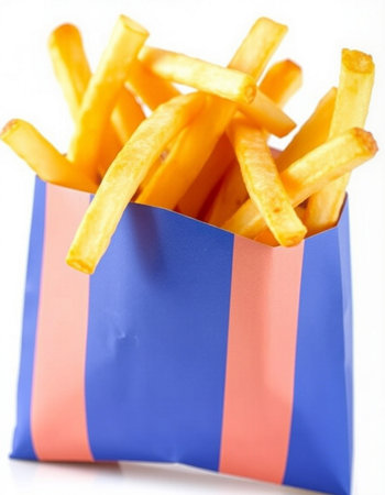 French fries in a paper bag on a white background. Selective focus.の写真素材