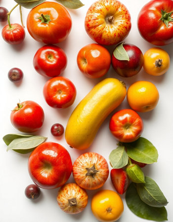 Fruits and vegetables on a white background. View from above.の写真素材