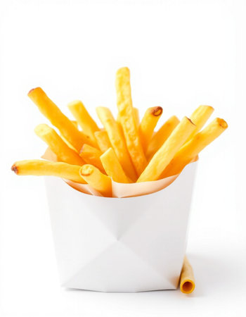 French fries in a white paper box on a white background, isolated