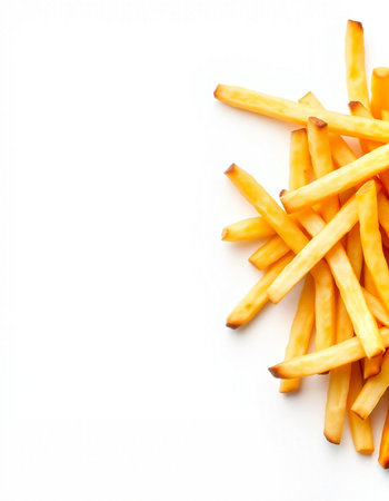 Golden French fries potatoes on white background, top view, copy space