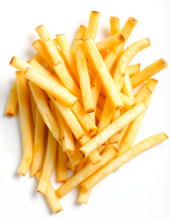 Pile of french fries isolated on white background. Top view.