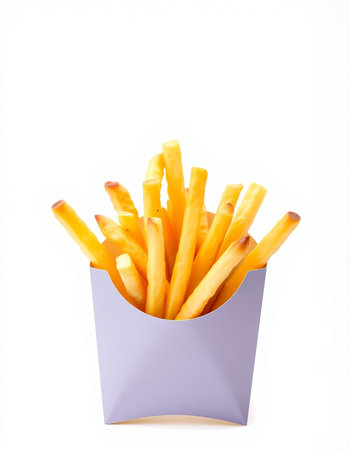 French fries in a paper box on a white background. Isolatedの写真素材