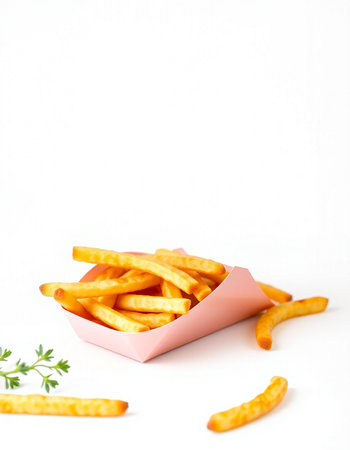 French fries in a paper box on a white background. Copy space.