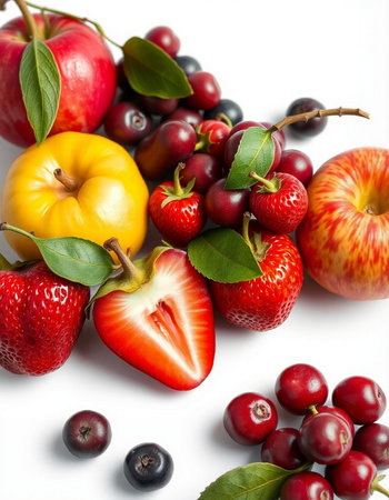Fruits and berries on a white background. Healthy food. Diet.
