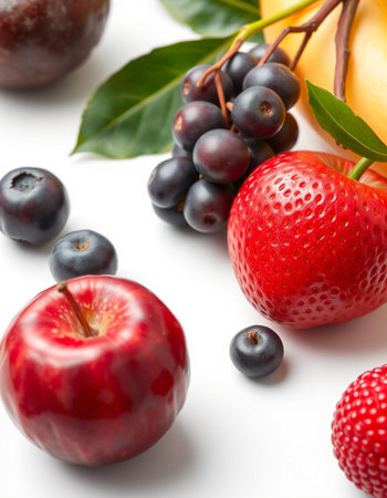 Fresh fruits and berries on a white background, close-up.