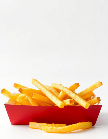 French fries in a red box on a white background. Selective focus.の写真素材