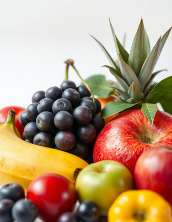 Fresh fruits and vegetables on a white background. Concept of healthy eating.