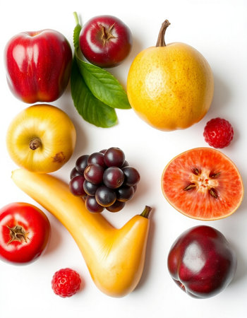 Fruits and vegetables on a white background. Flat lay, top viewの写真素材