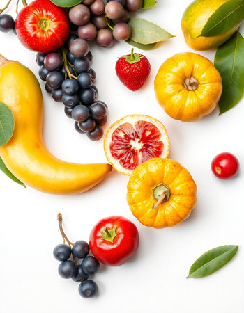 Fresh fruits and vegetables on a white background. Healthy food concept.の写真素材