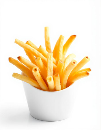 French fries in a bowl isolated on white background. Selective focus.