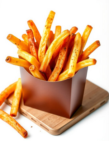 Crispy potato sticks in a paper box on a white background