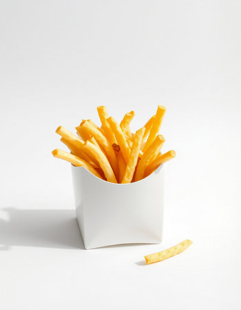 French fries in a white box on a white background with shadow.の写真素材