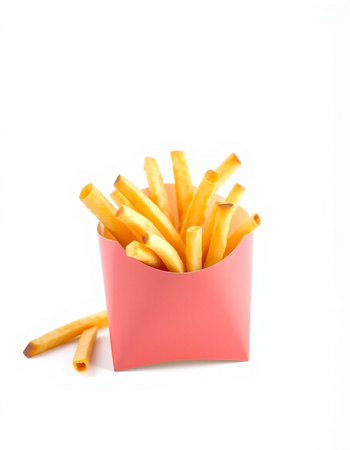 French fries in a pink box on a white background. Isolatedの写真素材