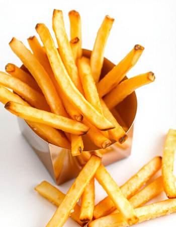Golden French fries in a metal box on a white background close up