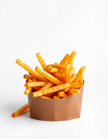 French fries in paper box isolated on white background. Fast food.