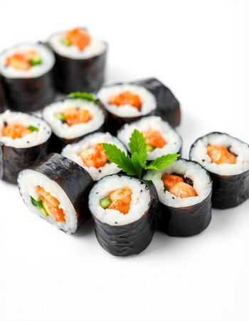 Sushi rolls with salmon, cucumber and cream cheese on white backgroundの写真素材