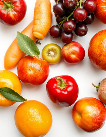 Fruits and vegetables isolated on a white background. Top view.