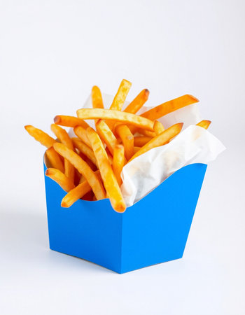 French fries in a blue box on a white background, fast foodの写真素材