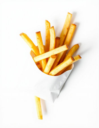 French fries in paper bag isolated on white background. Top view.
