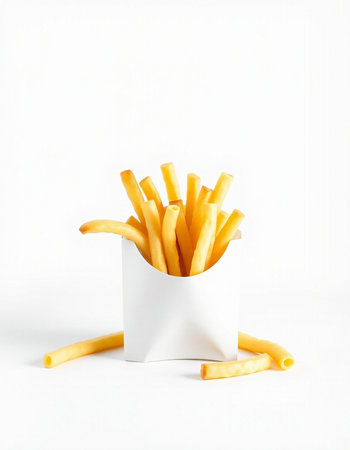 French fries in a white box on a white background. Fast food.の写真素材