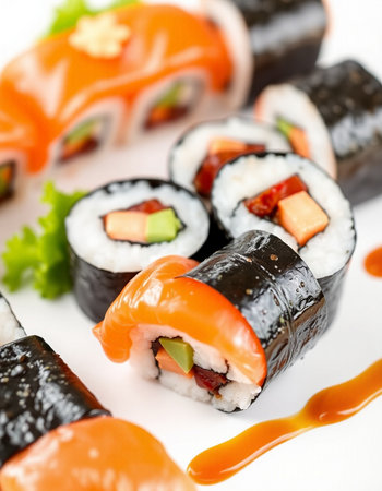 Sushi rolls with salmon and eel on a white background.の写真素材