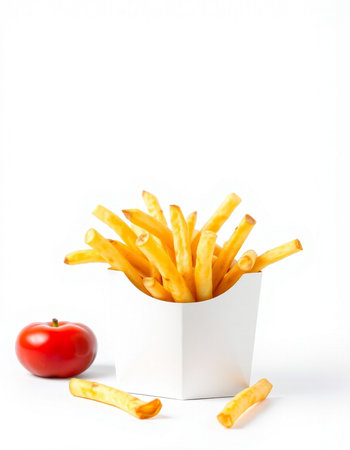 French fries in a white box on a white background with a tomatoの写真素材
