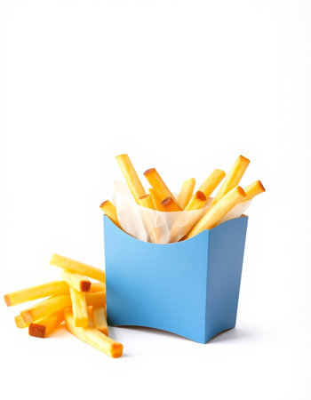 French fries in a blue box on a white background. Fast food.の写真素材