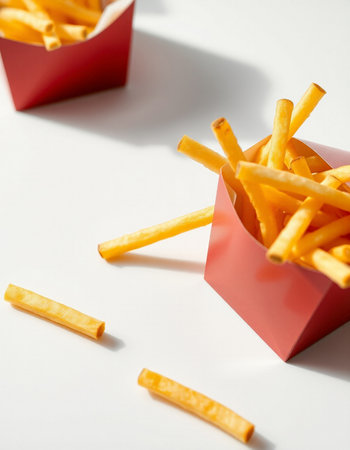 French fries in a red box on a white background, close-up