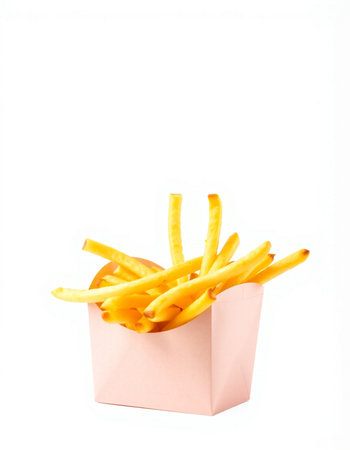 French fries in a paper box on a white background. Fast food.の写真素材