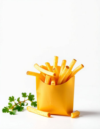 French fries in a yellow box on a white background with parsleyの写真素材