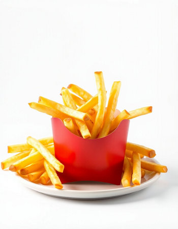 Golden French fries in a red box on a white background, isolatedの写真素材