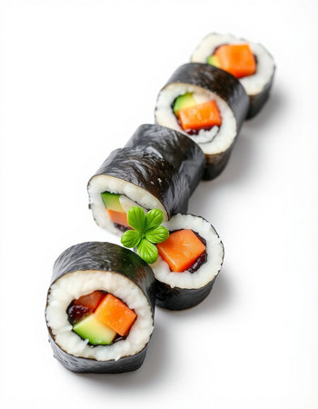Sushi roll with salmon, avocado and cucumber on white backgroundの写真素材