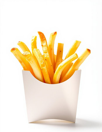 French fries in paper box isolated on white background. Fast food.