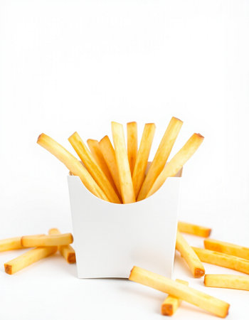 French fries in a white paper box on a white background closeup