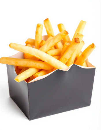 French fries in a box isolated on white background. Selective focus.の写真素材