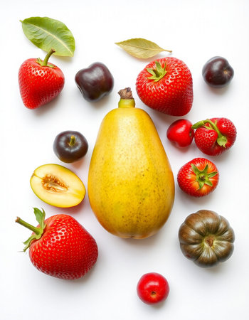 Strawberry, pear, plum and melon on white background
